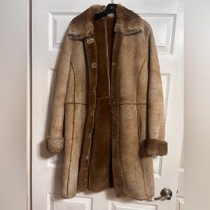 Shearling sheepskin coat w/rabbit fur collar and cuffs. Reilly Olmes Collection